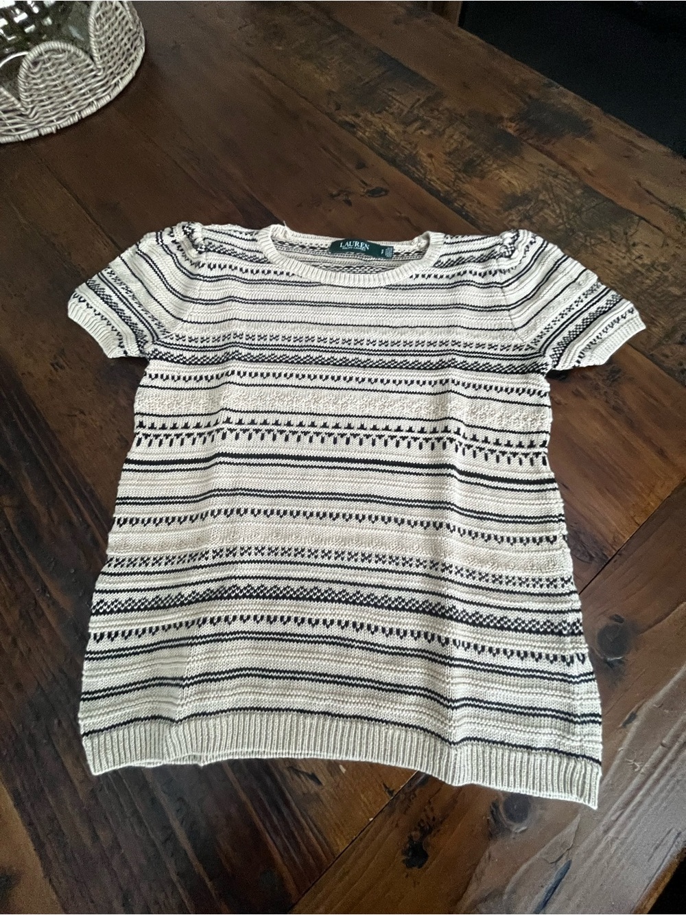 Polo by Ralph Lauren Cream and Navy Short Sleeve Striped Knit Top